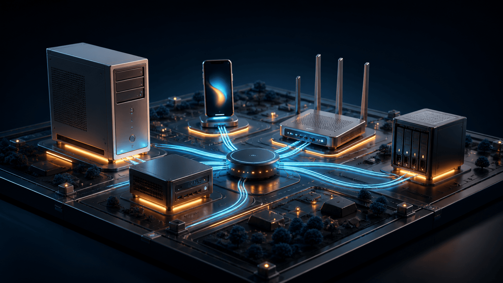 A desktop PC, phone, router, mini-PC, and small server linked as a distributed compute network