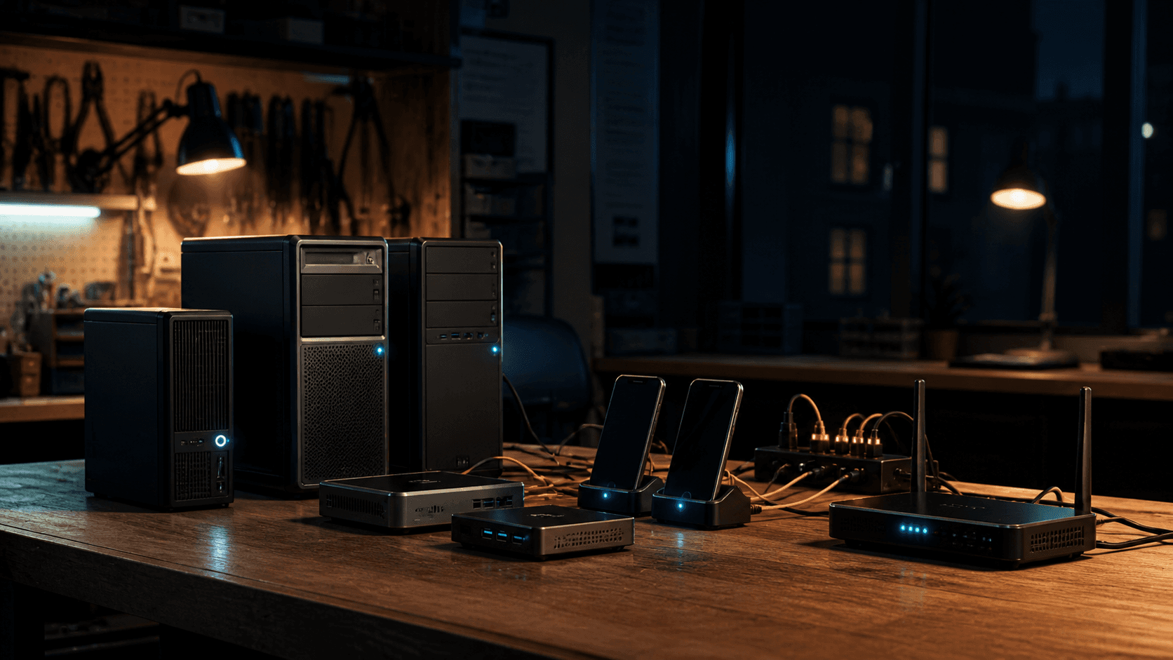 Refurbished desktops, mini-PCs, phones, and a router connected on a neighborhood computer shop workbench